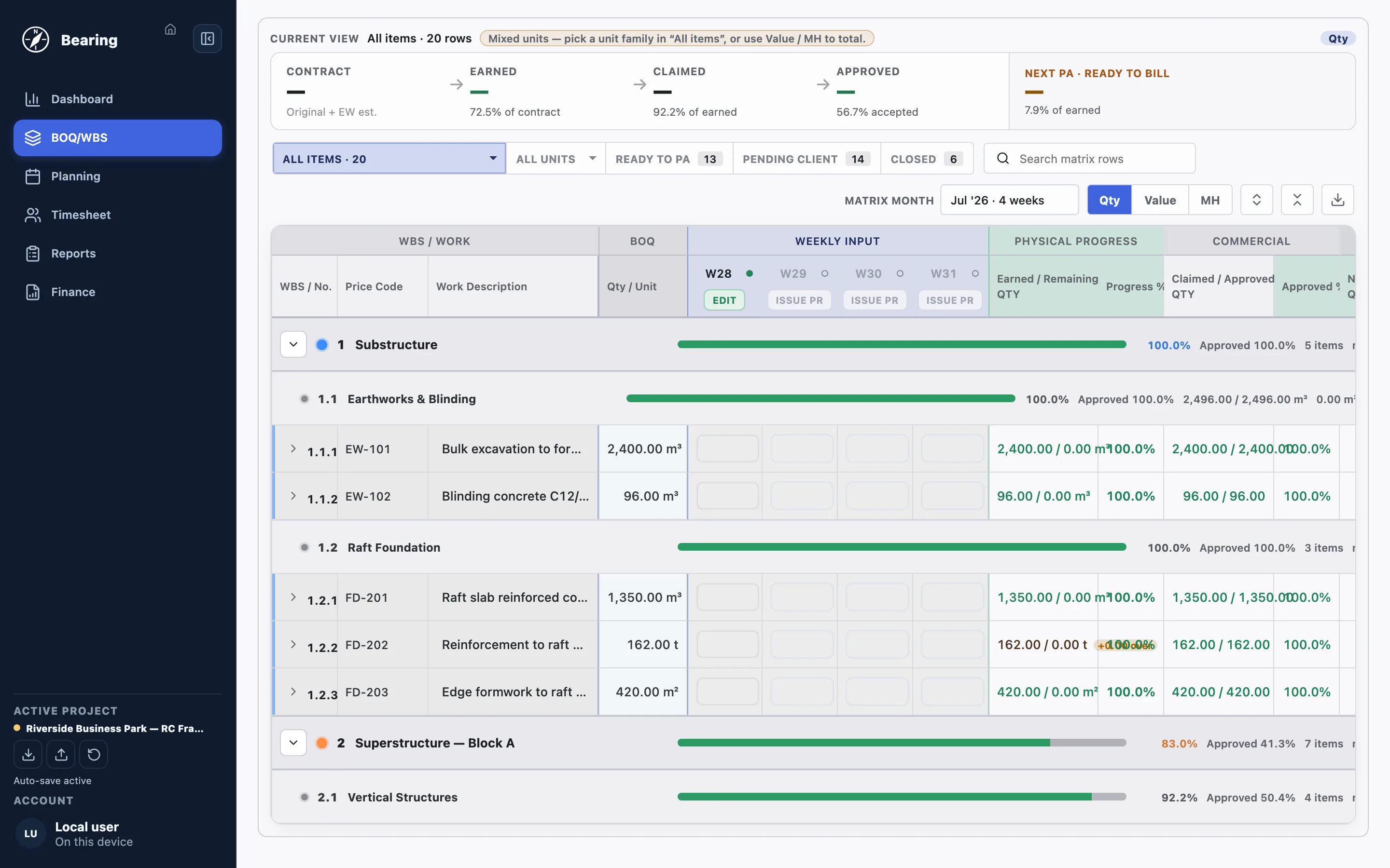 Bearing BOQ/WBS screen: the contract scope as an operational progress matrix with weekly quantity input, physical progress and commercial status per item