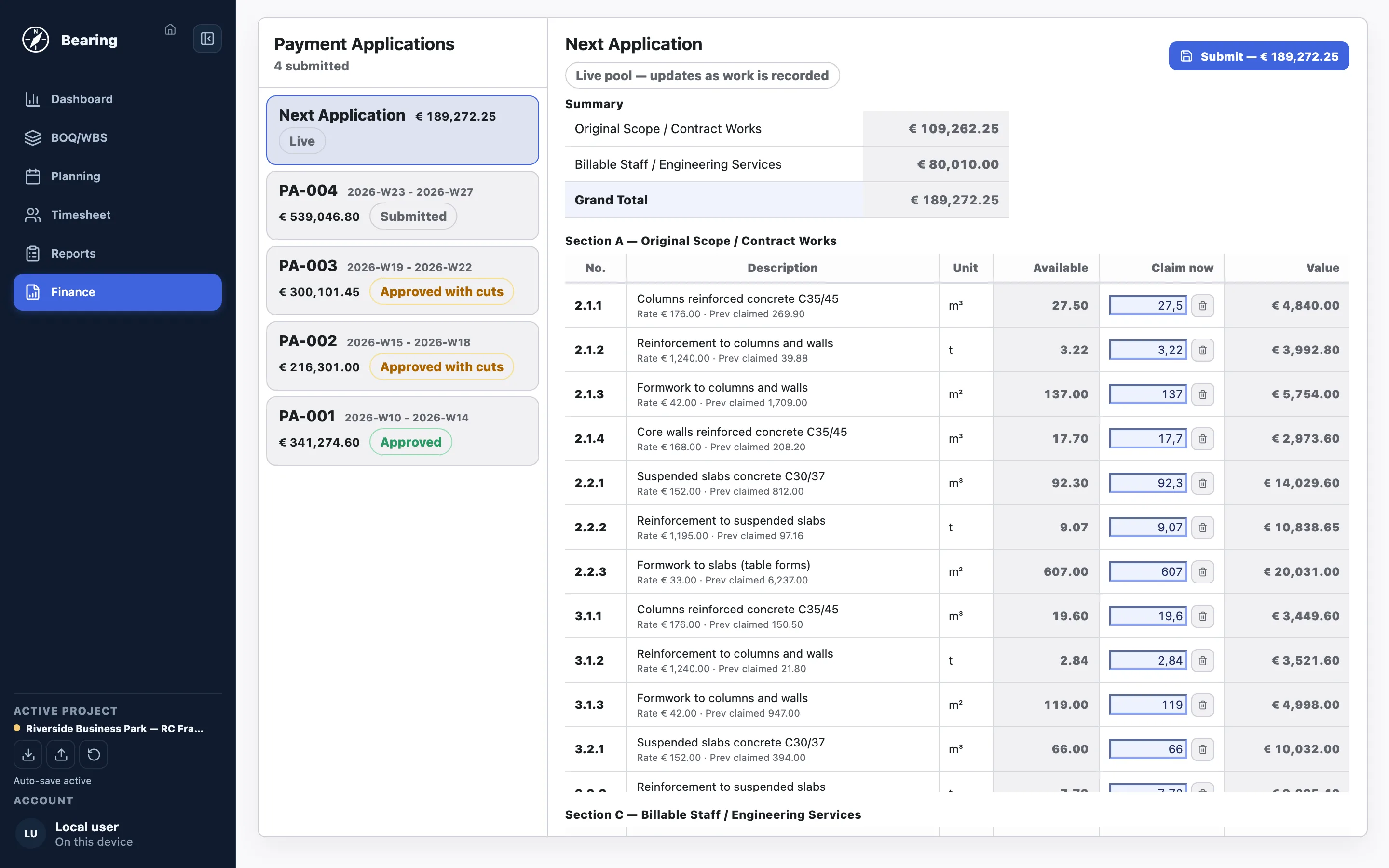 Bearing Finance screen: submitted payment applications with client responses and a live next-application pool ready to submit