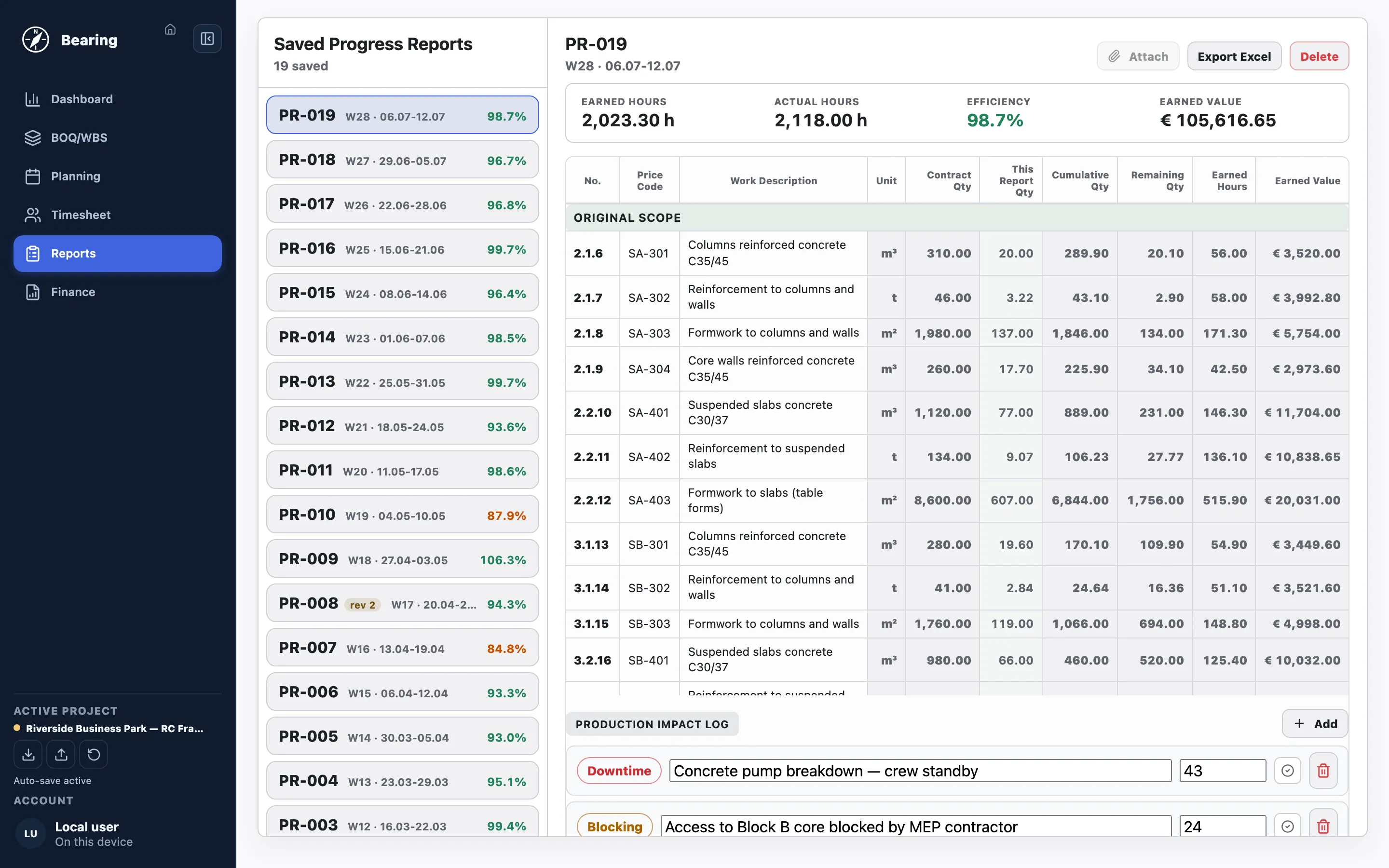 Bearing Reports screen: numbered weekly progress reports with earned hours, actual hours, labour efficiency and a production impact log