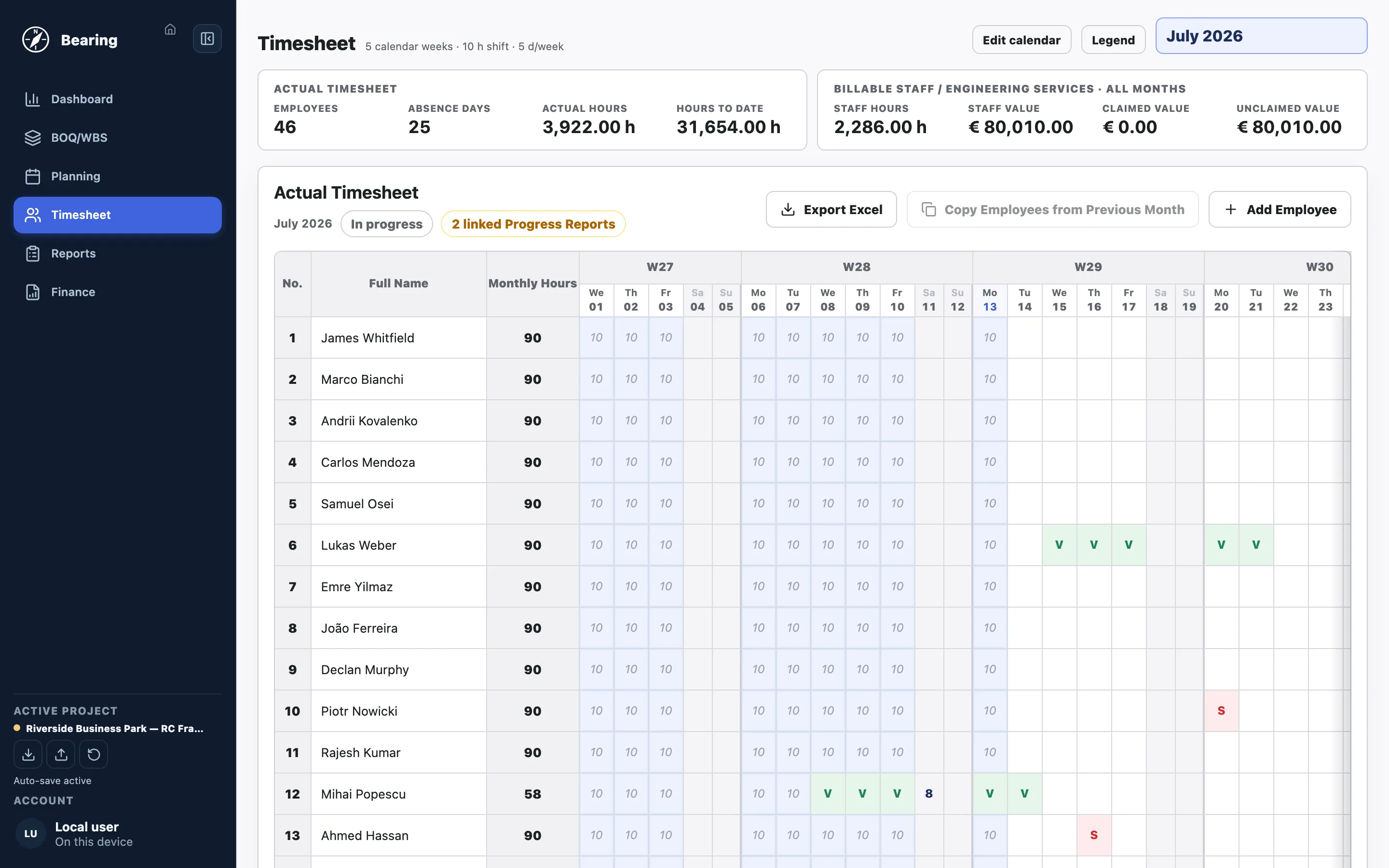 Bearing Timesheet screen: exception-based daily hours for the site crew with absence codes and monthly totals